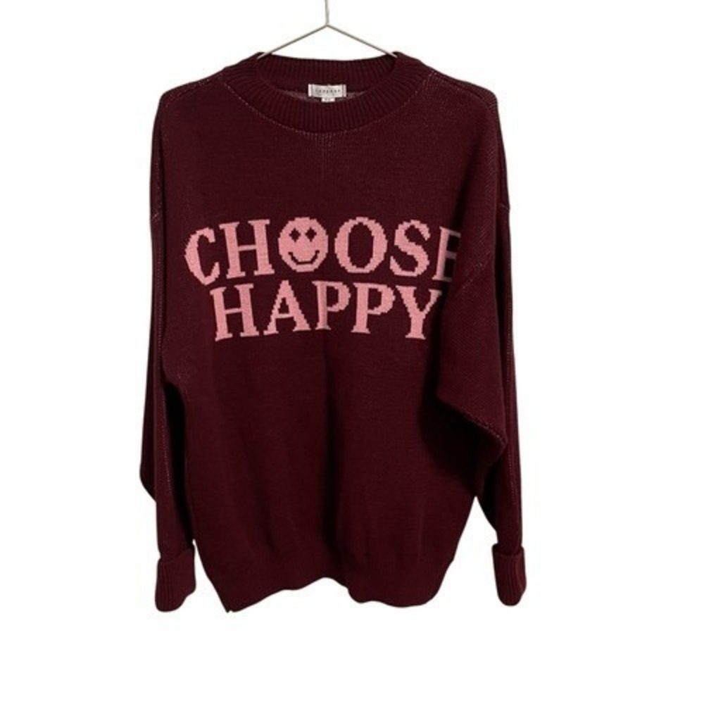 Topshop Choose Happy Smiley Graphic Sweater Burgundy Pink XS Oversized Knit NEW